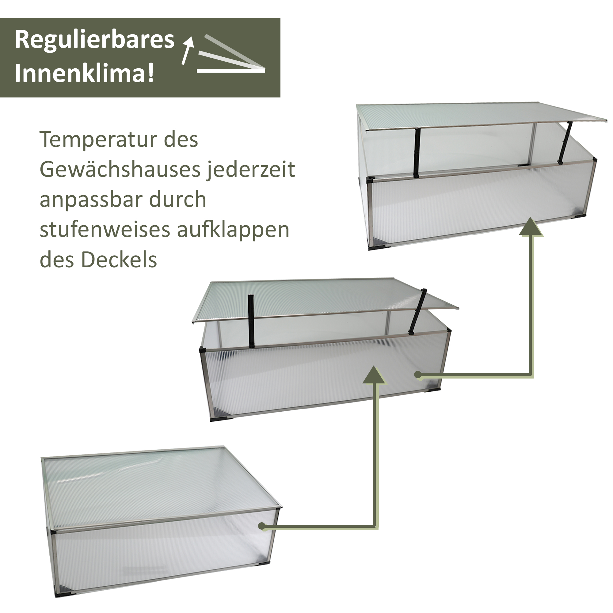 Frühbeet aus Aluminium, Treibhaus mit Aufstelldach, Frühbeetaufsatz als Stecksystem NA173