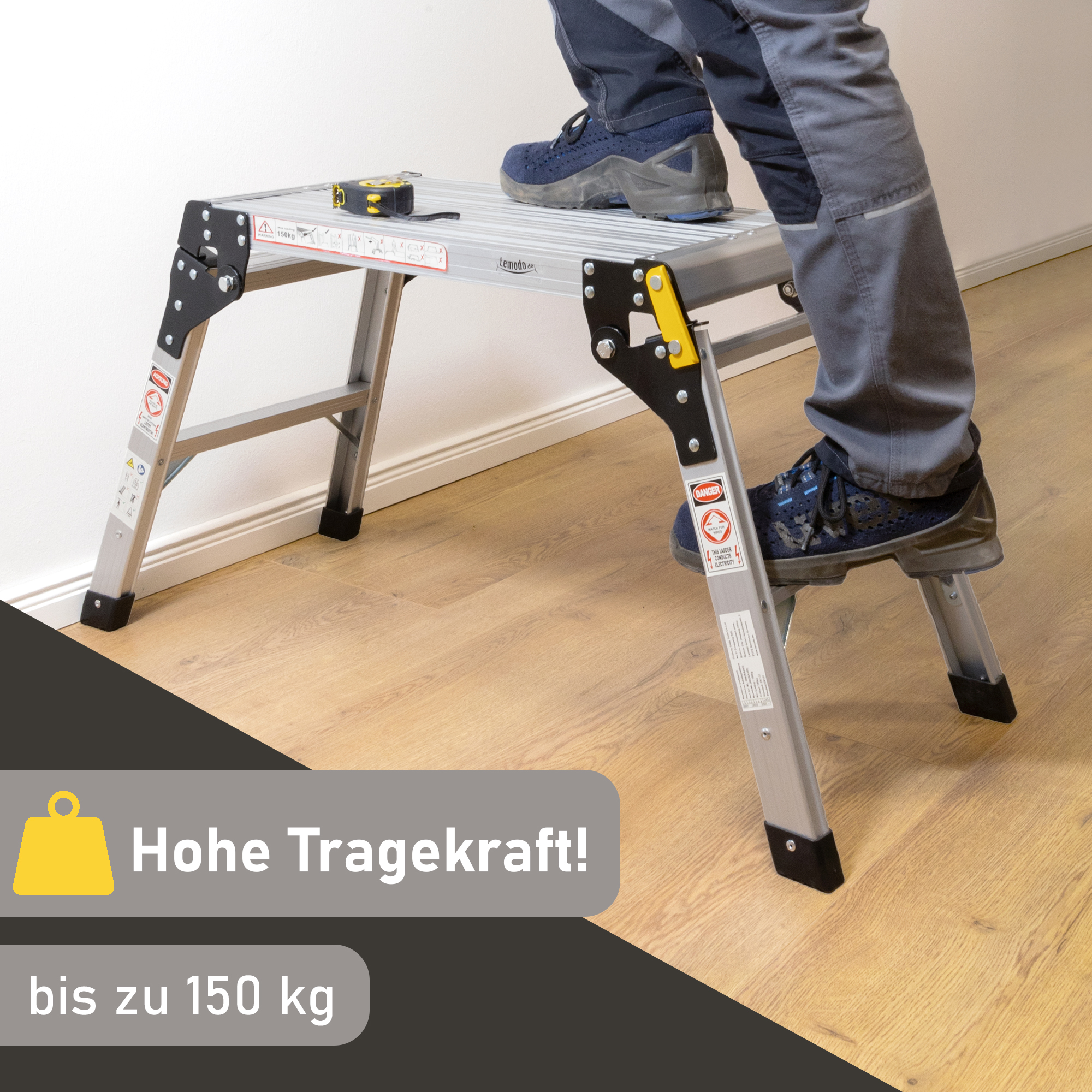 Kompakte Arbeitsplattform bis 150 kg belastbar, Arbeitsbühne 50 cm hoch, Aluleiter mit 2 Stufen NA205 Kompakte Arbeitsplattform bis 150 kg belastbar, Arbeitsbühne 50 cm hoch, Aluleiter mit 2 Stufen NA205