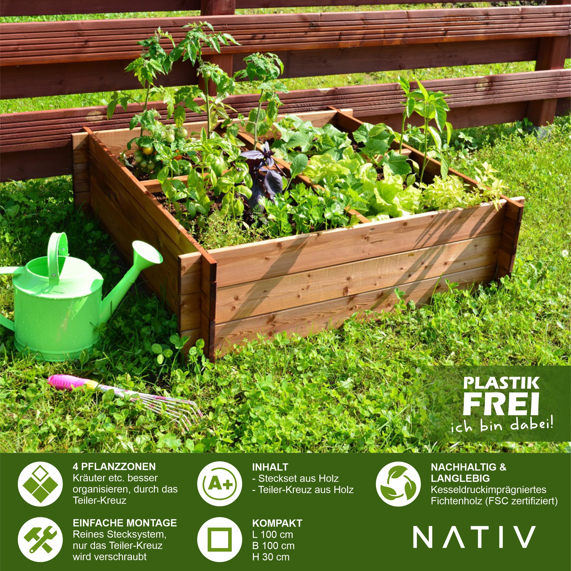 Pflanzkasten aus Holz, Kräuterbeet mit 4 Pflanzzonen, Hochbeet 100 x 100 x 30 cm (L x B x H) NA129_B Pflanzkasten aus Holz, Kräuterbeet mit 4 Pflanzzonen, Hochbeet 100 x 100 x 30 cm (L x B x H) NA129_B
