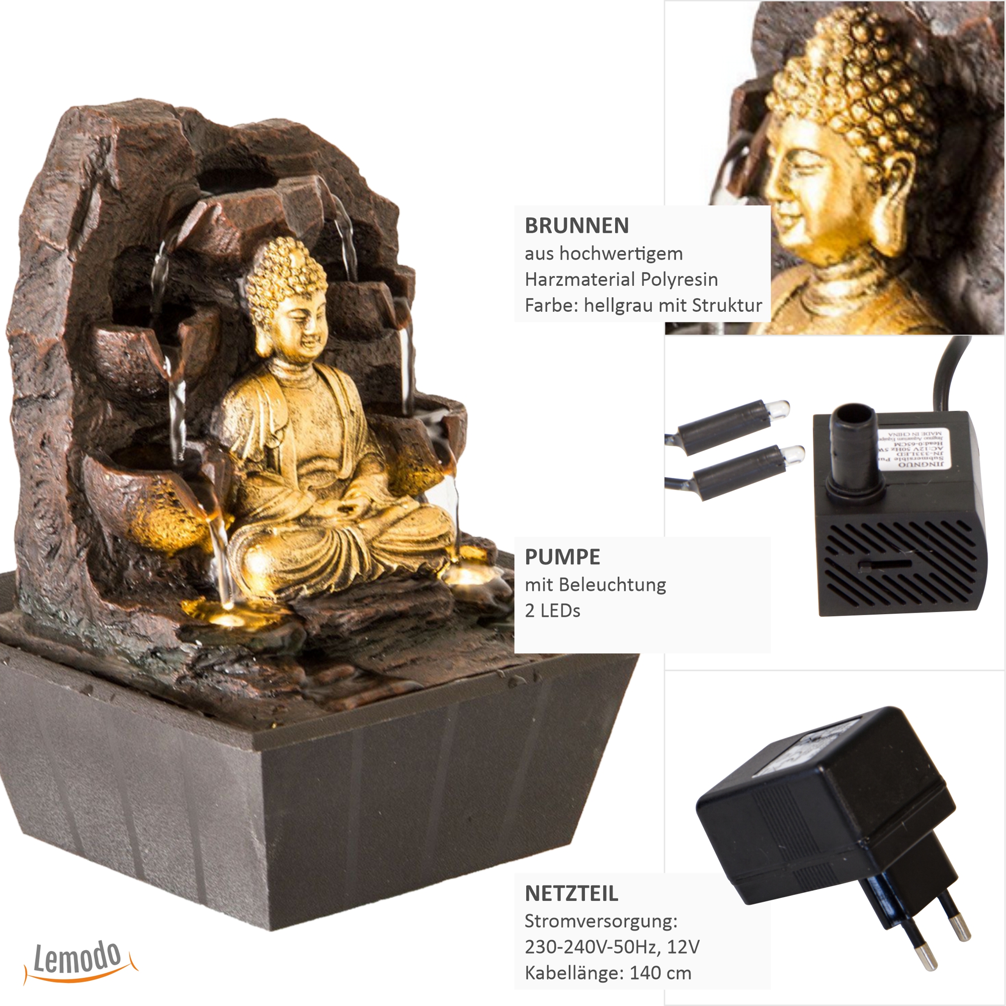 Zimmerbrunnen Buddha mit LED-Beleuchtung, Dekobrunnen für die Wohnung, Motiv Dhyana NA008 Zimmerbrunnen Buddha mit LED-Beleuchtung, Dekobrunnen für die Wohnung, Motiv Dhyana NA008