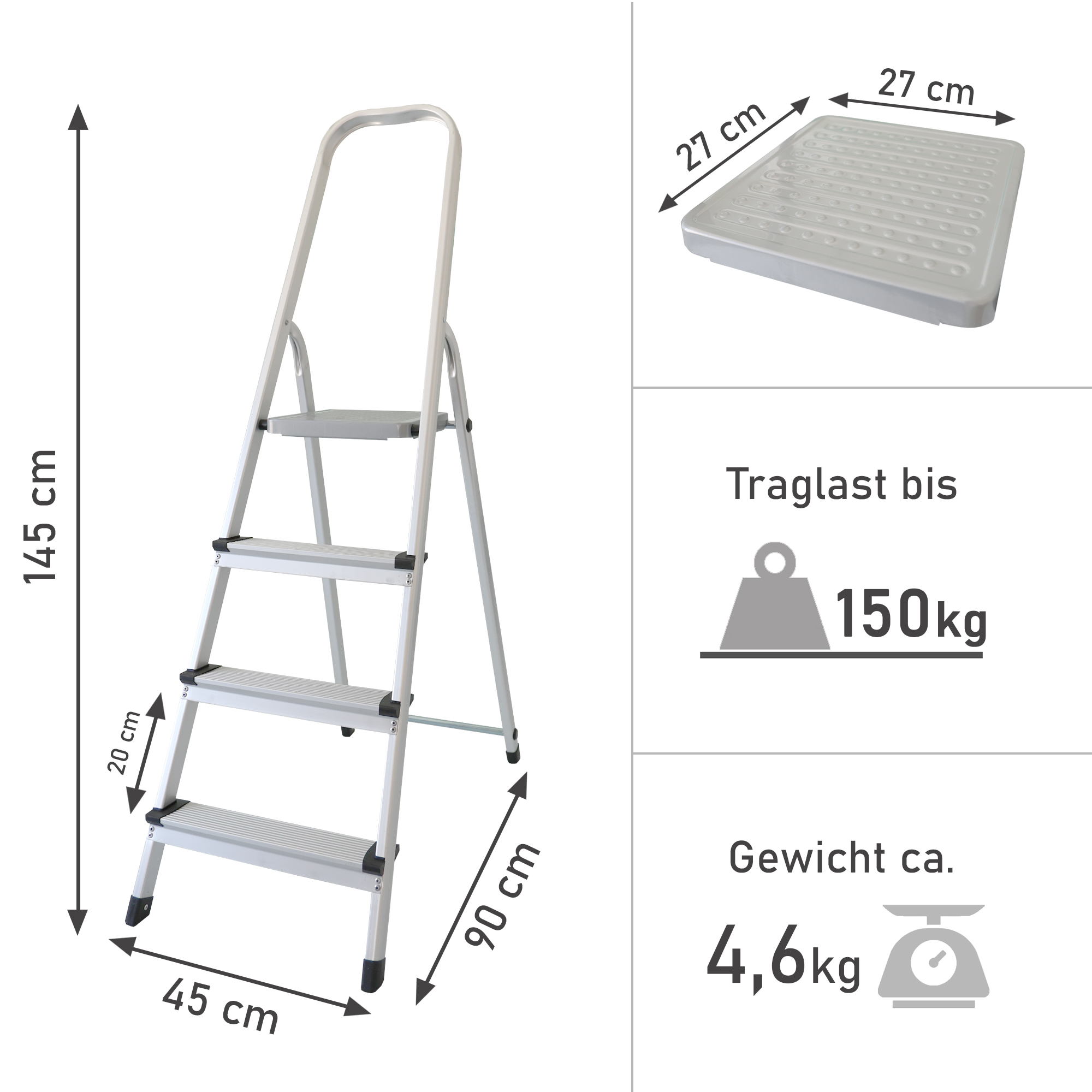 Trittleiter mit 4 Stufen, Treppenleiter aus Aluminium, Stehleiter bis 150kg belastbar NA182 Trittleiter mit 4 Stufen, Treppenleiter aus Aluminium, Stehleiter bis 150kg belastbar NA182