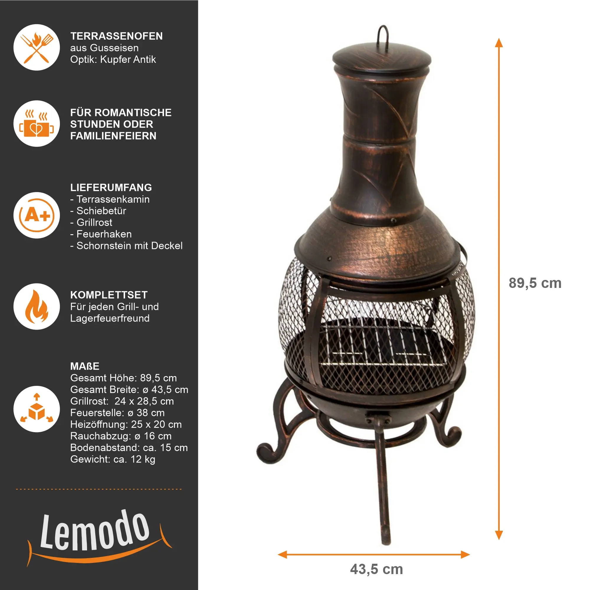 Terrassenofen Gartenkamin mit Grill, Gusseisen, Grillkamin 360° FireView, Funkenschutzgitter NA086 Terrassenofen Gartenkamin mit Grill, Gusseisen, Grillkamin 360° FireView, Funkenschutzgitter NA086