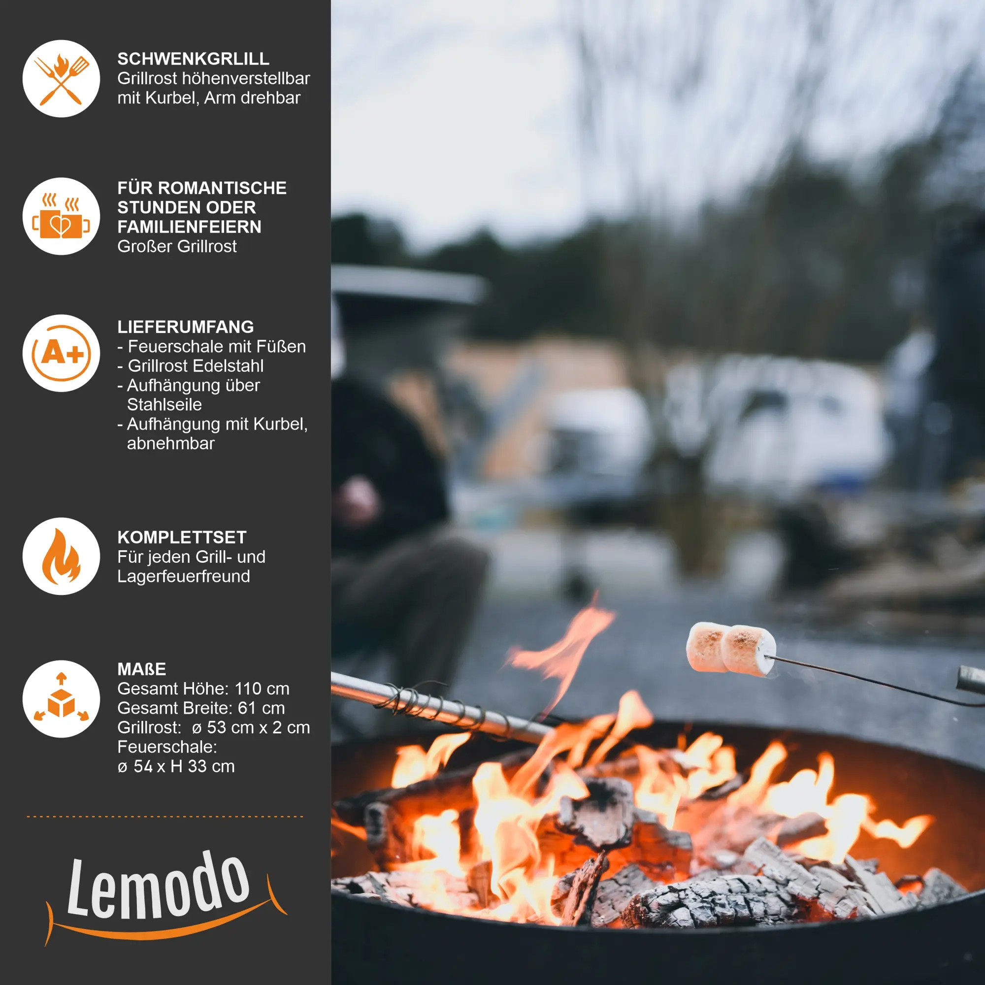Holzkohlegrill mit stabiler Feuerschale, Schwenkgrill mit höhenverstellbarem Grillrost NA079 Holzkohlegrill mit stabiler Feuerschale, Schwenkgrill mit höhenverstellbarem Grillrost NA079