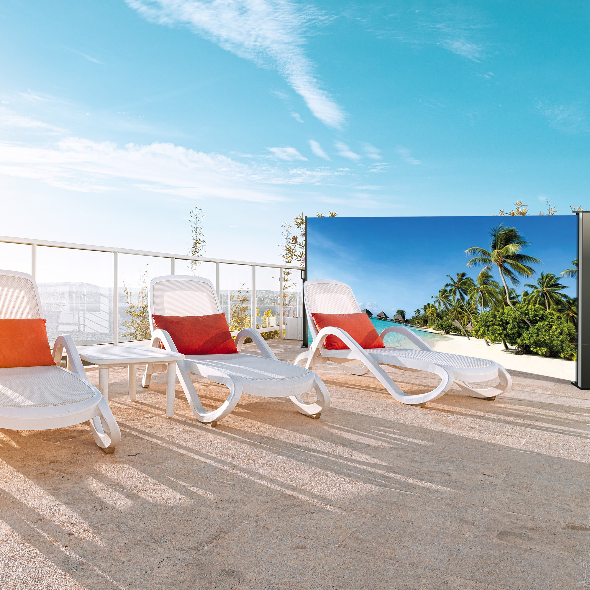 Seitenmarkise ausziehbar links, 180 cm hoch, Seitenrollo mit Fotodruck Südsee NA099-R Seitenmarkise ausziehbar links, 180 cm hoch, Seitenrollo mit Fotodruck Südsee NA099-R