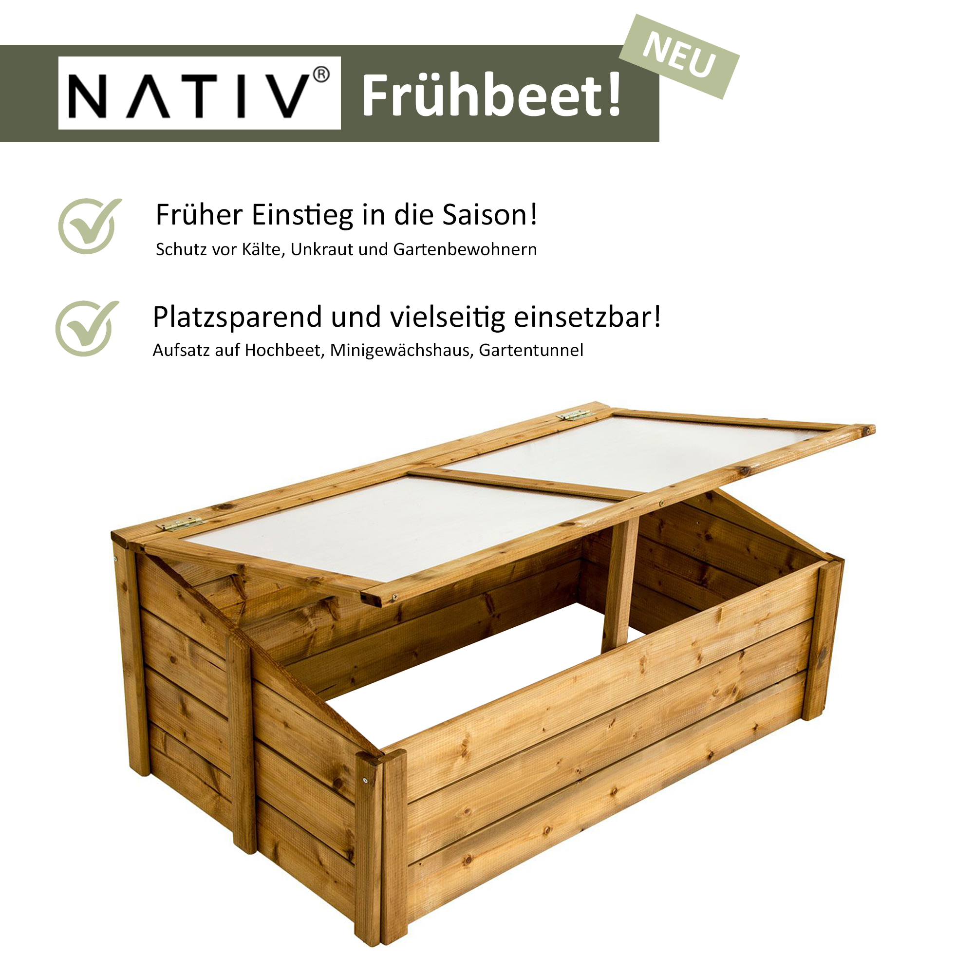 Frühbeet 100x60 cm, braun, Frühbeetaufsatz für Hochbeete, Frühbeetkasten NA113_B