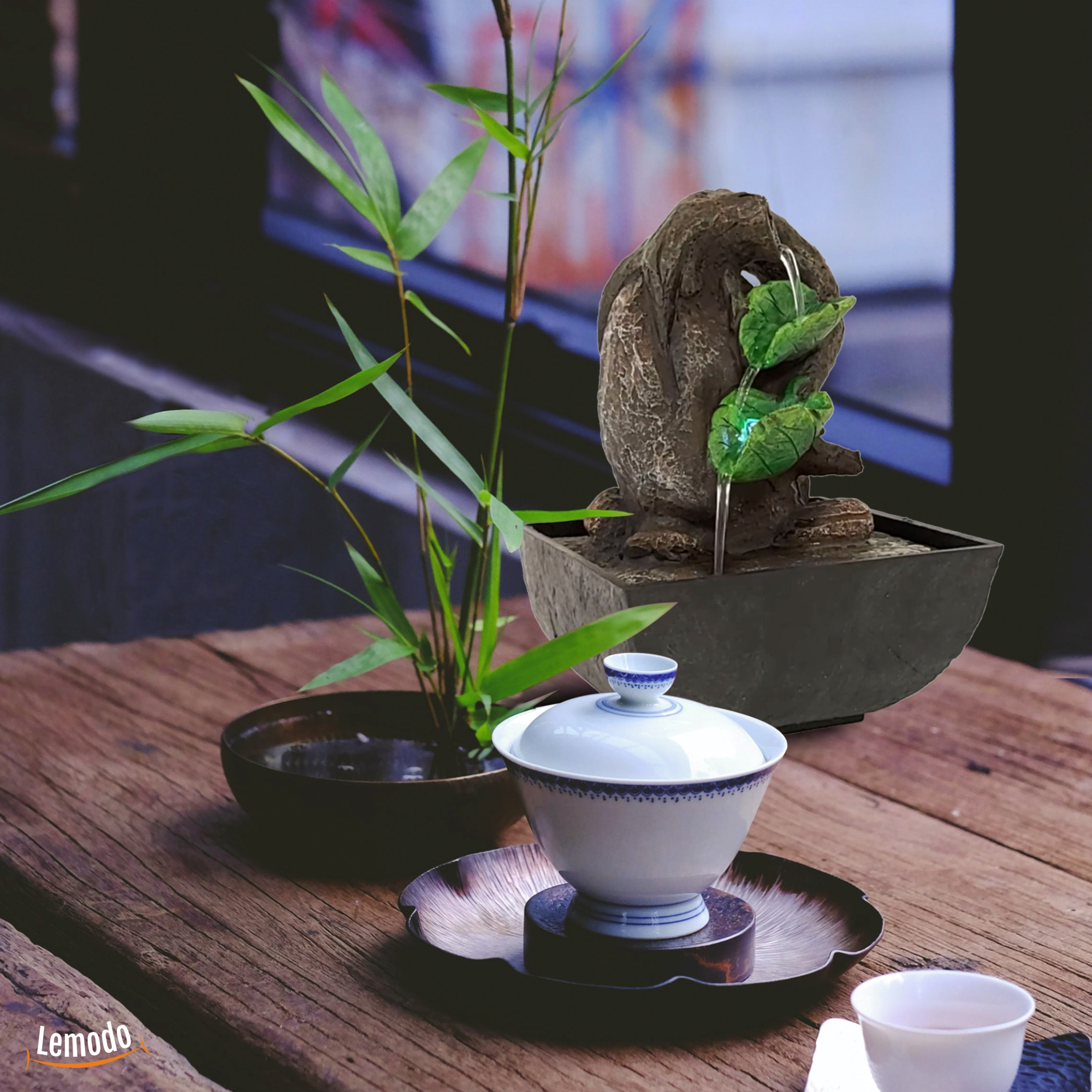 Zimmerbrunnen mit Blattschalen und LED Beleuchtung, Zierbrunnen für die Wohnung NA138 Zimmerbrunnen mit Blattschalen und LED Beleuchtung, Zierbrunnen für die Wohnung NA138