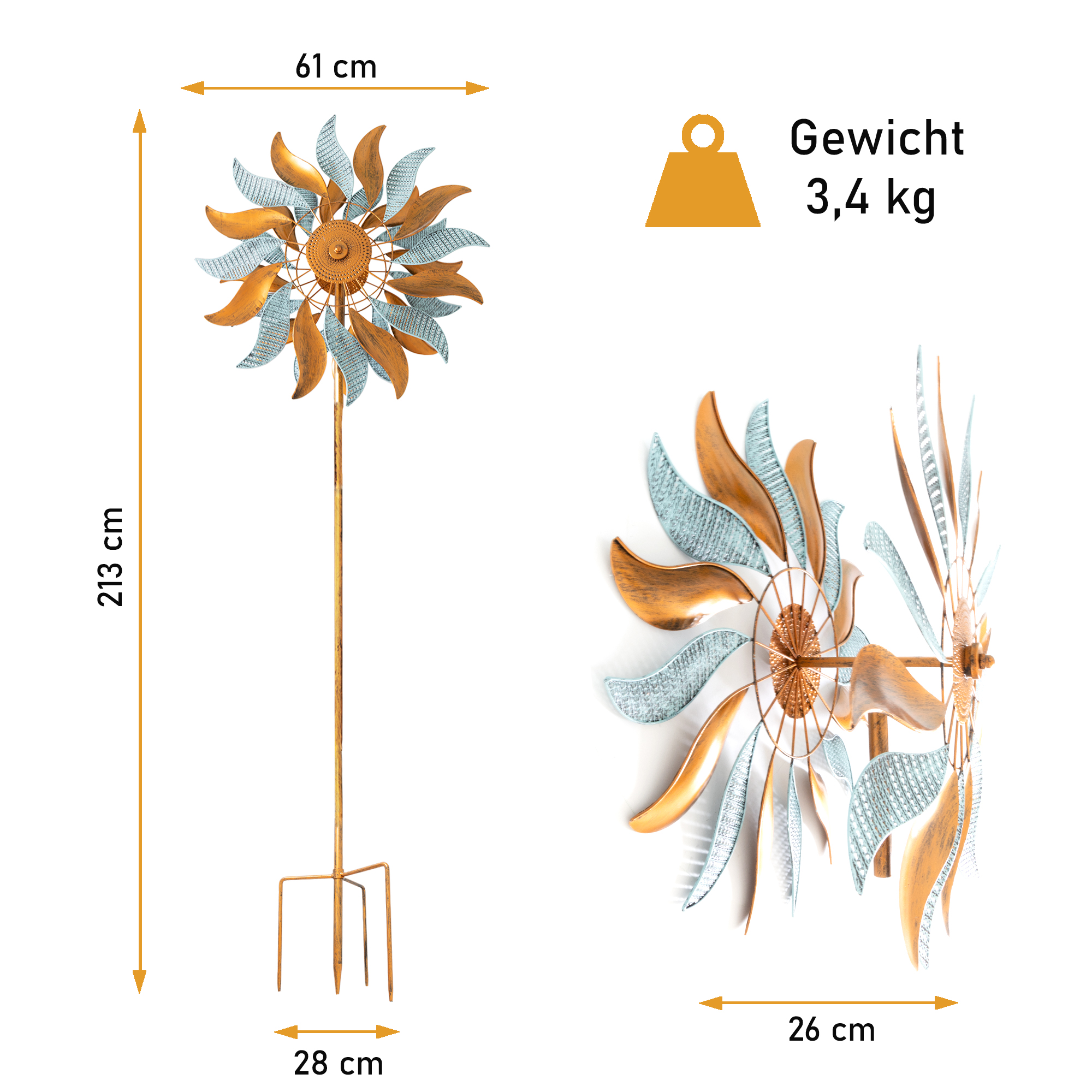 Windrad “Fire Flower”, Windspiel mit 2 gegenläufigen Rotoren, Gartendeko 213 cm hoch NA183