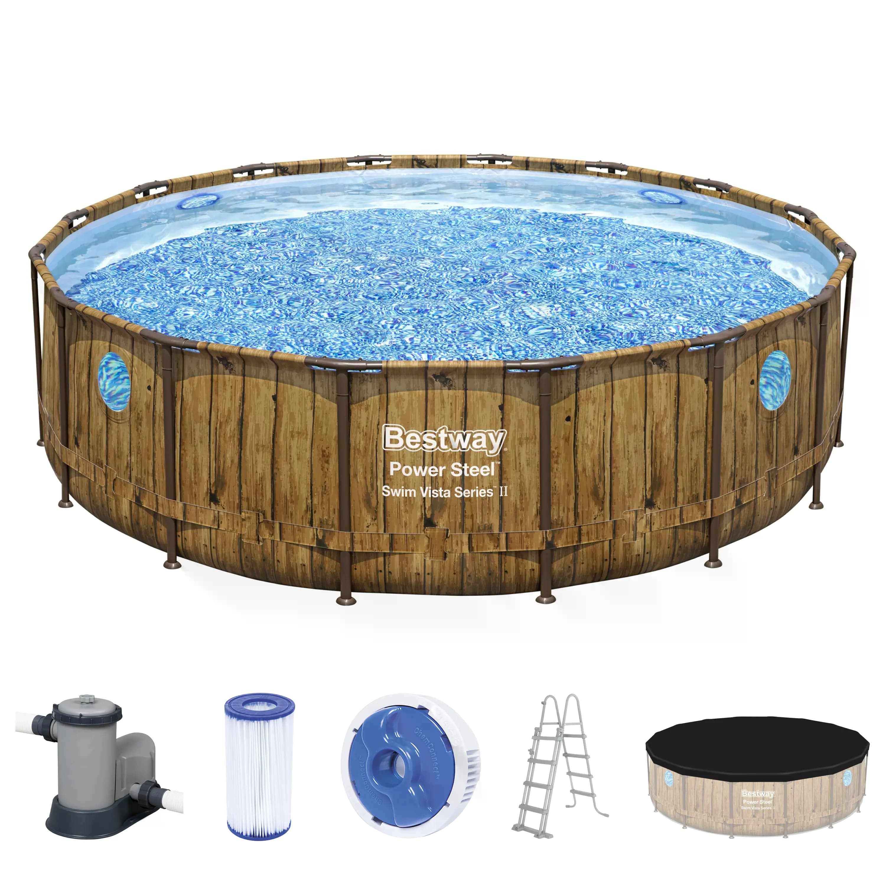 Frame Pool Komplettset Power Steel Swim Vista Series II, rund, Holzoptik, 488 x 122 cm 56725_22 Frame Pool Komplettset Power Steel Swim Vista Series II, rund, Holzoptik, 488 x 122 cm 56725_22