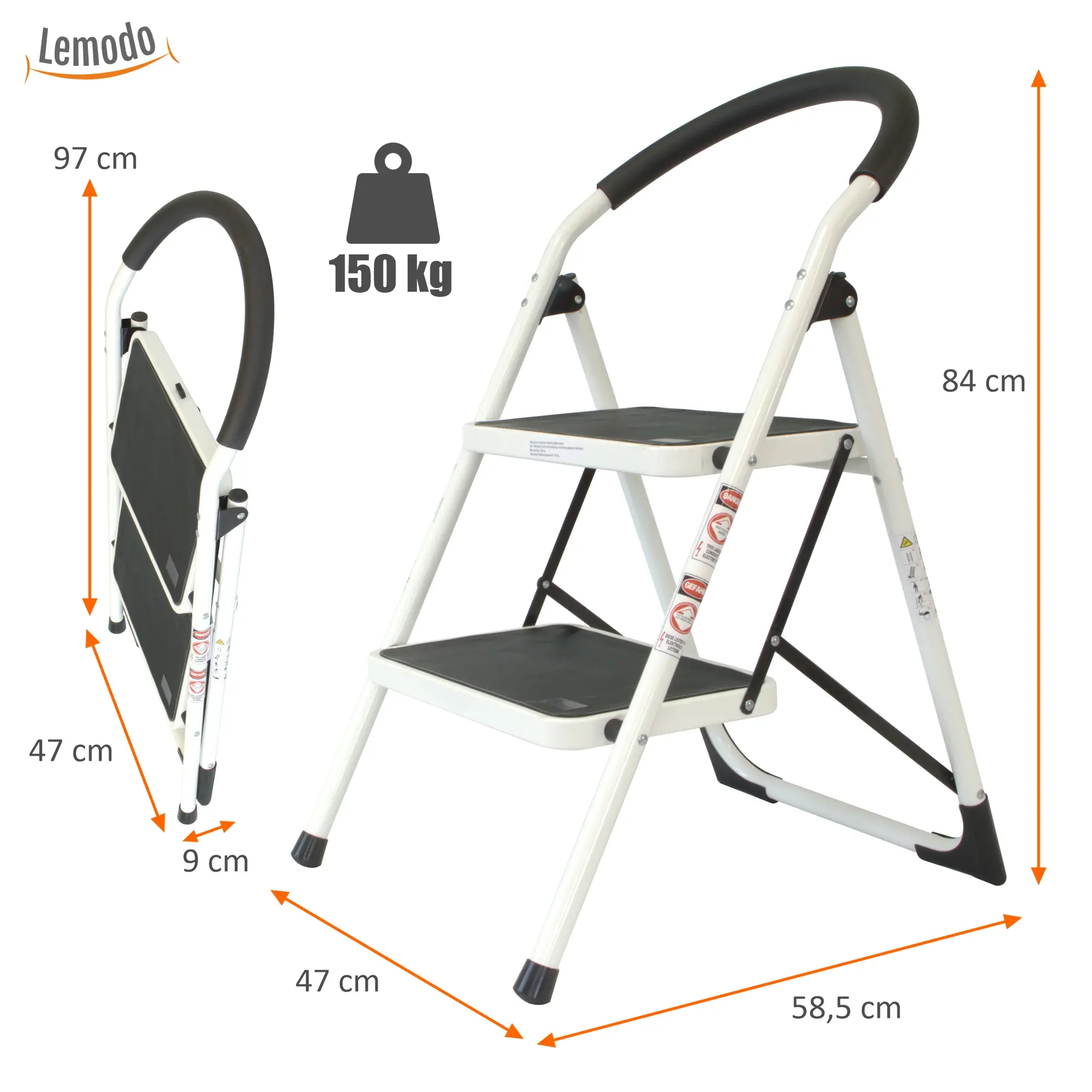 Trittleiter mit 2 Stufen, Treppenleiter aus Stahl, Stehleiter bis 150kg belastbar NA148 Trittleiter mit 2 Stufen, Treppenleiter aus Stahl, Stehleiter bis 150kg belastbar NA148