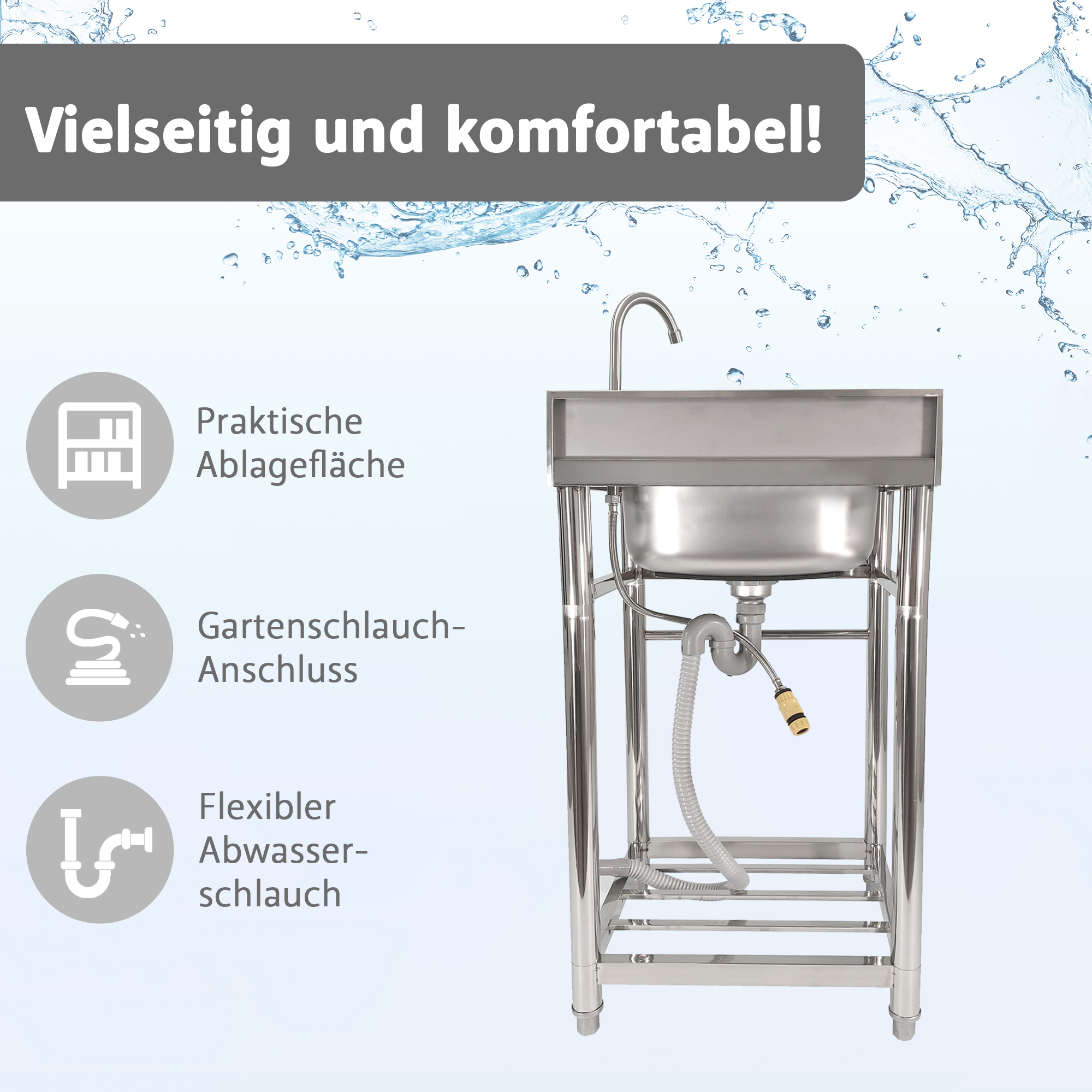 Spültisch freistehend, Wasserhahn mit Gartenschlauch-Anschluss, Spülbecken Spültisch freistehend_Wasserhahn mit Gartenschlauch-Anschluss_M Spültisch freistehend, Wasserhahn mit Gartenschlauch-Anschluss, Spülbecken Spültisch freistehend_Wasserhahn mit Gartenschlauch-Anschluss_M