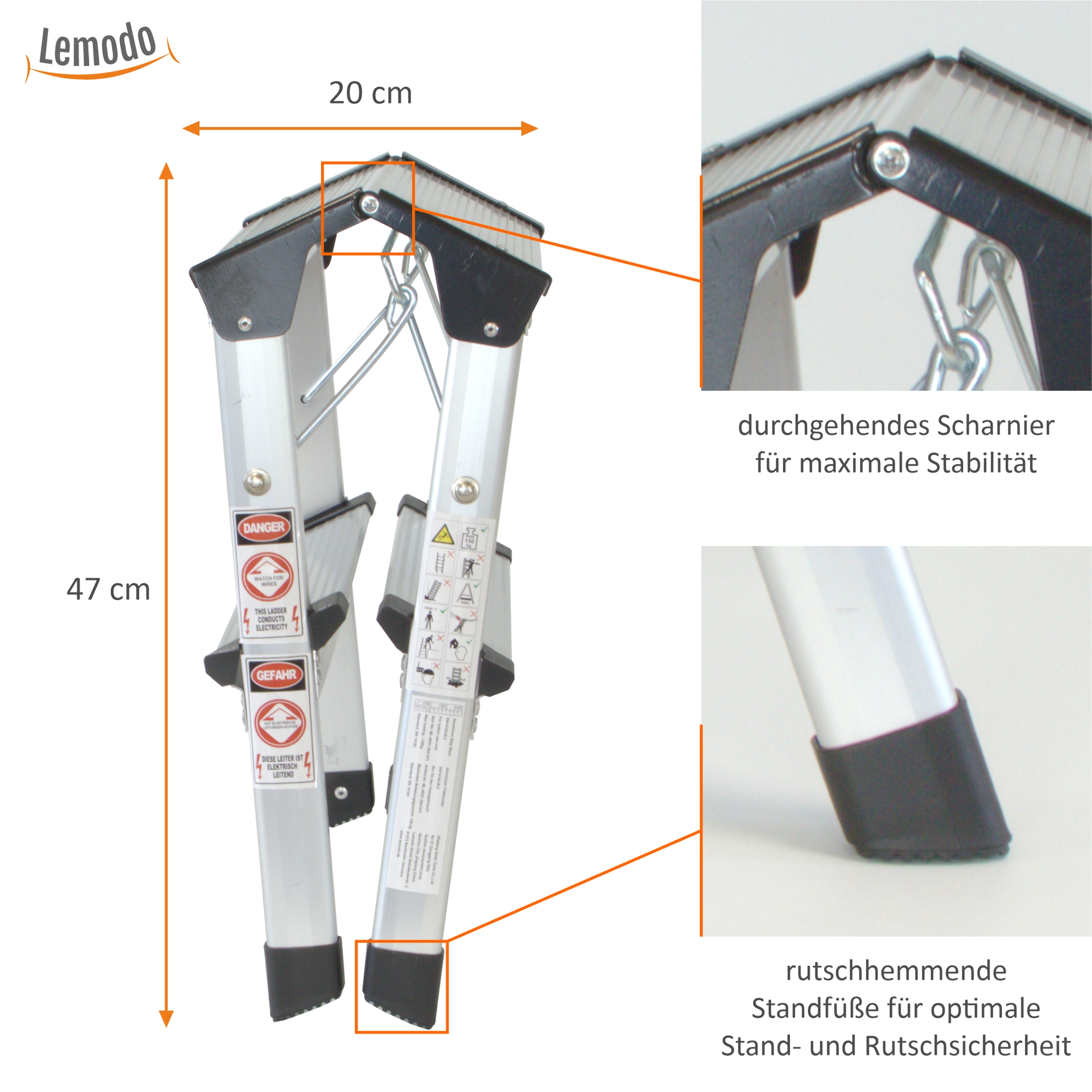 Klappbare Leiter 2 Stufen, Trittleiter aus Aluminium, Treppenleiter bis 150kg belastbar NA147 Klappbare Leiter 2 Stufen, Trittleiter aus Aluminium, Treppenleiter bis 150kg belastbar NA147