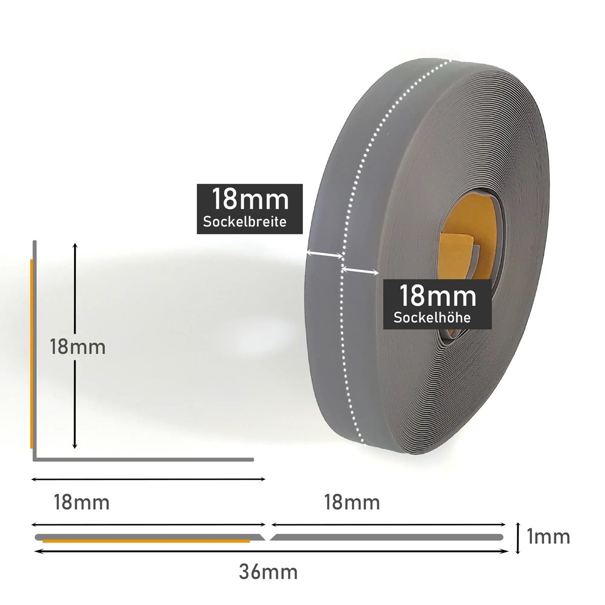 Knickwinkelleiste, PVC, 25m, grau, selbstklebend, Sockelleiste MS012 Knickwinkelleiste, PVC, 25m, grau, selbstklebend, Sockelleiste MS012