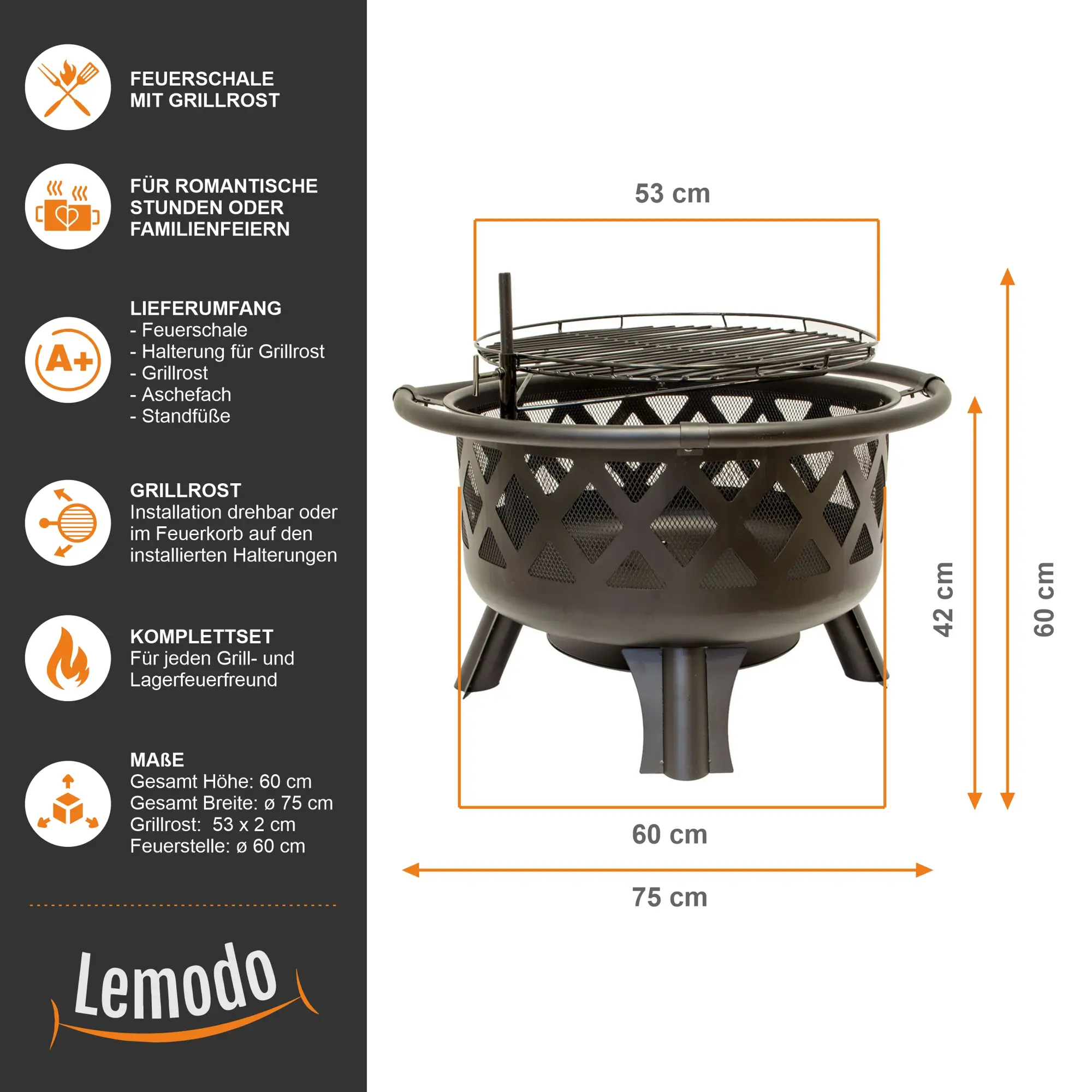 Feuerschale mit Grillrost, Feuerkorb für den Garten, Firebowl Ø 75x60 cm, Fire Pit NA087 Feuerschale mit Grillrost, Feuerkorb für den Garten, Firebowl Ø 75x60 cm, Fire Pit NA087
