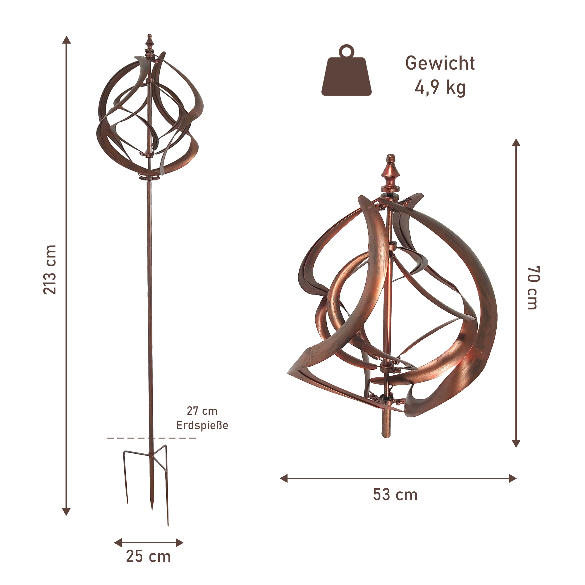 Großes Windspiel aus Metall mit 2 gegenläufigen Rotoren, kupferoptik, Gartendeko, 213 cm hoch NA201 Großes Windspiel aus Metall mit 2 gegenläufigen Rotoren, kupferoptik, Gartendeko, 213 cm hoch NA201