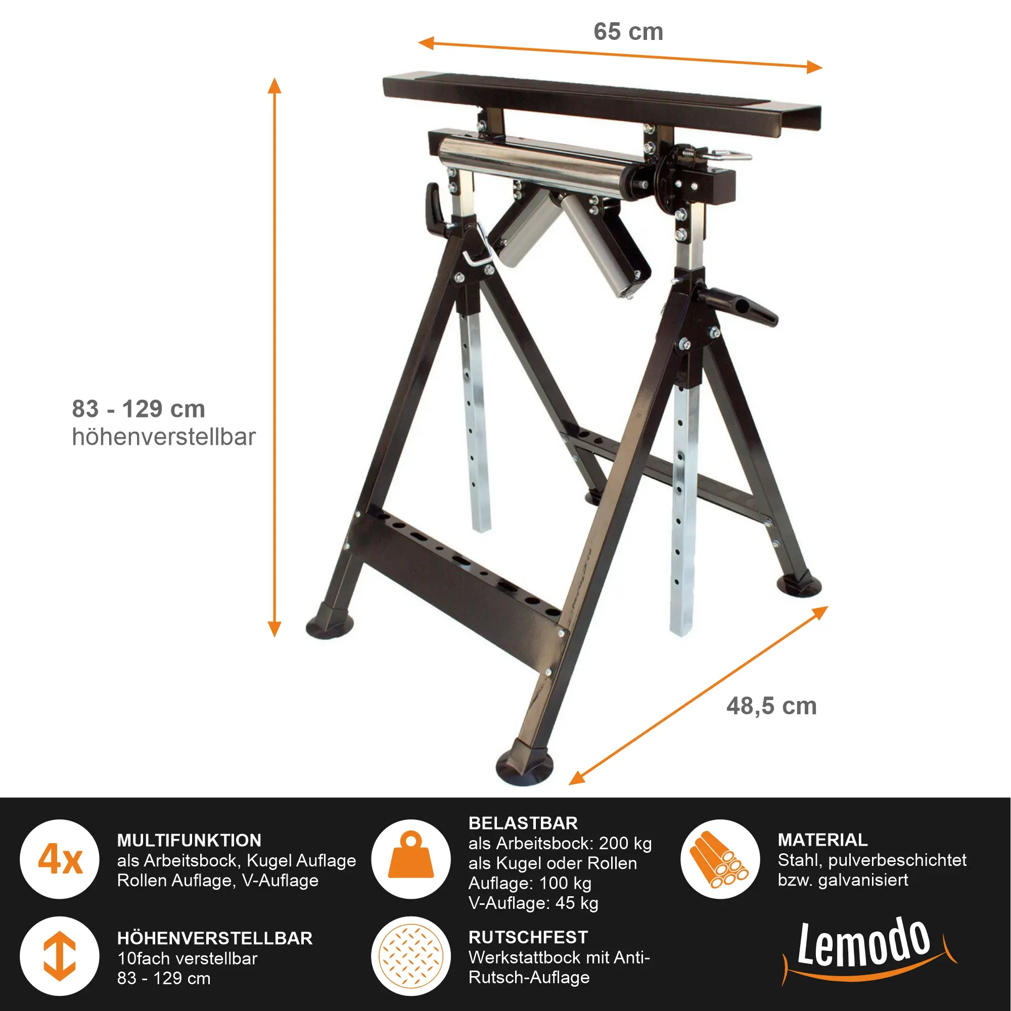 Multifunktions Arbeitsbock, 4 Funktionen, Rollenbock, V- und Kugel-Auflage, klappbar, höhenverstellbar YT006 Multifunktions Arbeitsbock, 4 Funktionen, Rollenbock, V- und Kugel-Auflage, klappbar, höhenverstellbar YT006