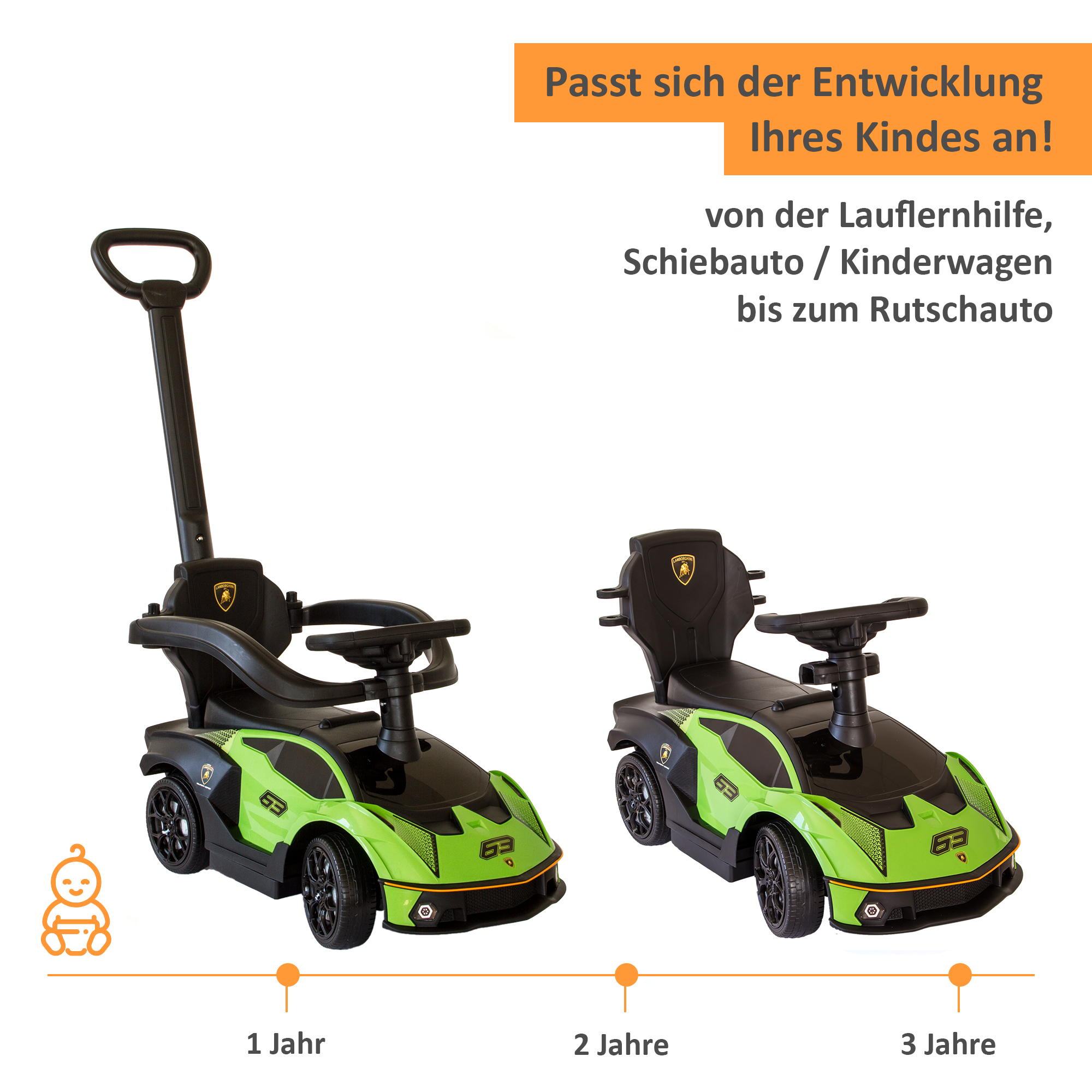 Rutschauto in grün, Kinderfahrzeug mit Sicherheitsbügel, Rutscher Auto mit Schiebestange ab 1 Jahr PT008_G