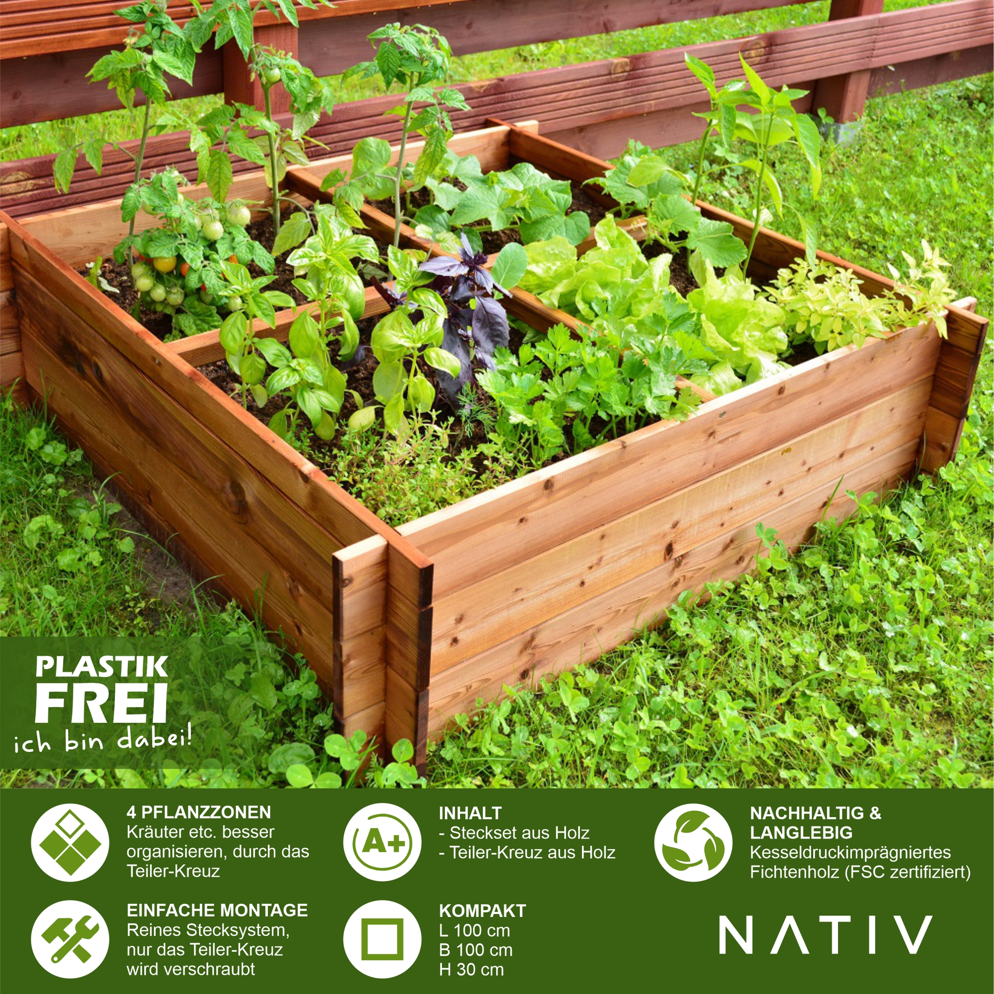 Pflanzkasten aus Holz, Kräuterbeet mit 4 Pflanzzonen, Hochbeet 100 x 100 x 30 cm (L x B x H) NA129_B Pflanzkasten aus Holz, Kräuterbeet mit 4 Pflanzzonen, Hochbeet 100 x 100 x 30 cm (L x B x H) NA129_B