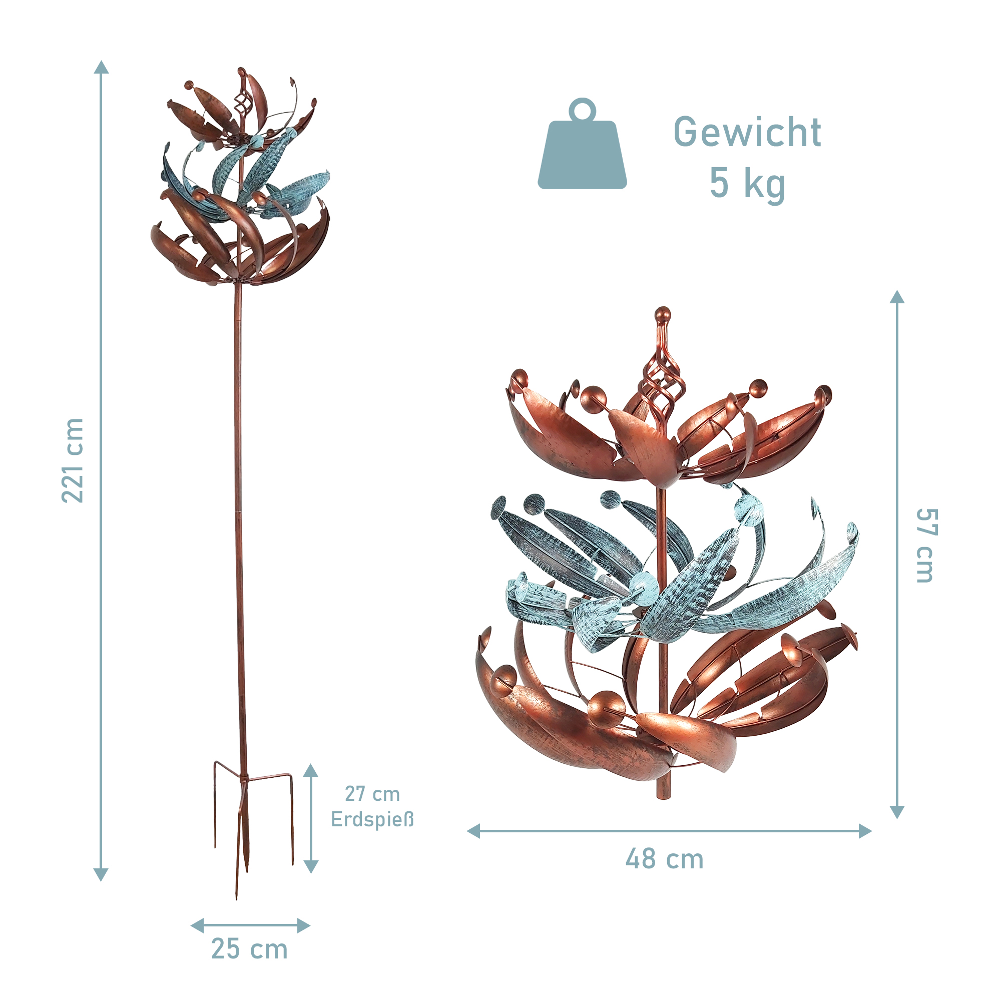 Windrad mit 3 gegenläufigen Rotoren, bronze, Gartendeko, 221 cm hoch NA200