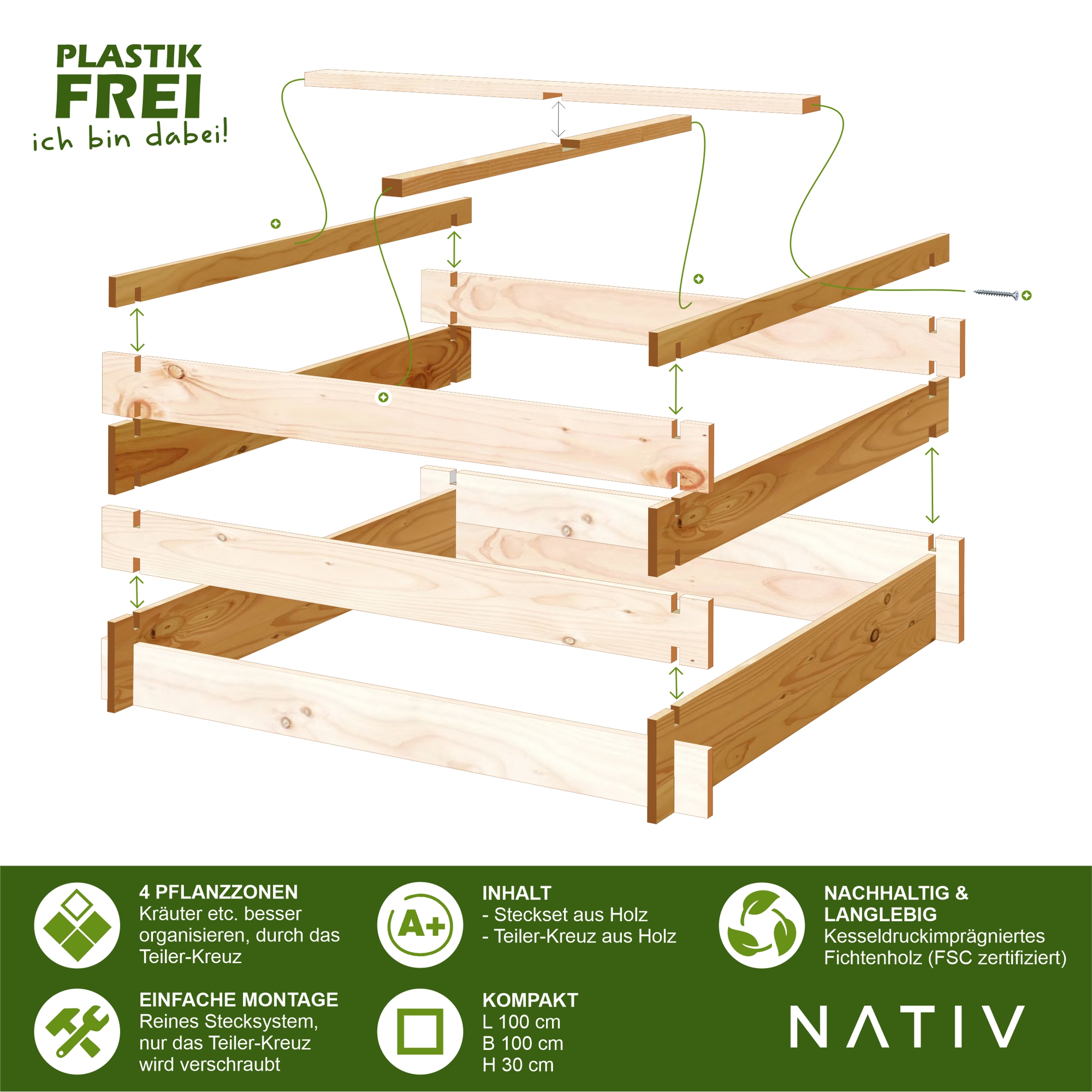 Pflanzkasten aus Holz, Kräuterbeet mit 4 Pflanzzonen, Hochbeet 100 x 100 x 30 cm (L x B x H) NA129_B Pflanzkasten aus Holz, Kräuterbeet mit 4 Pflanzzonen, Hochbeet 100 x 100 x 30 cm (L x B x H) NA129_B