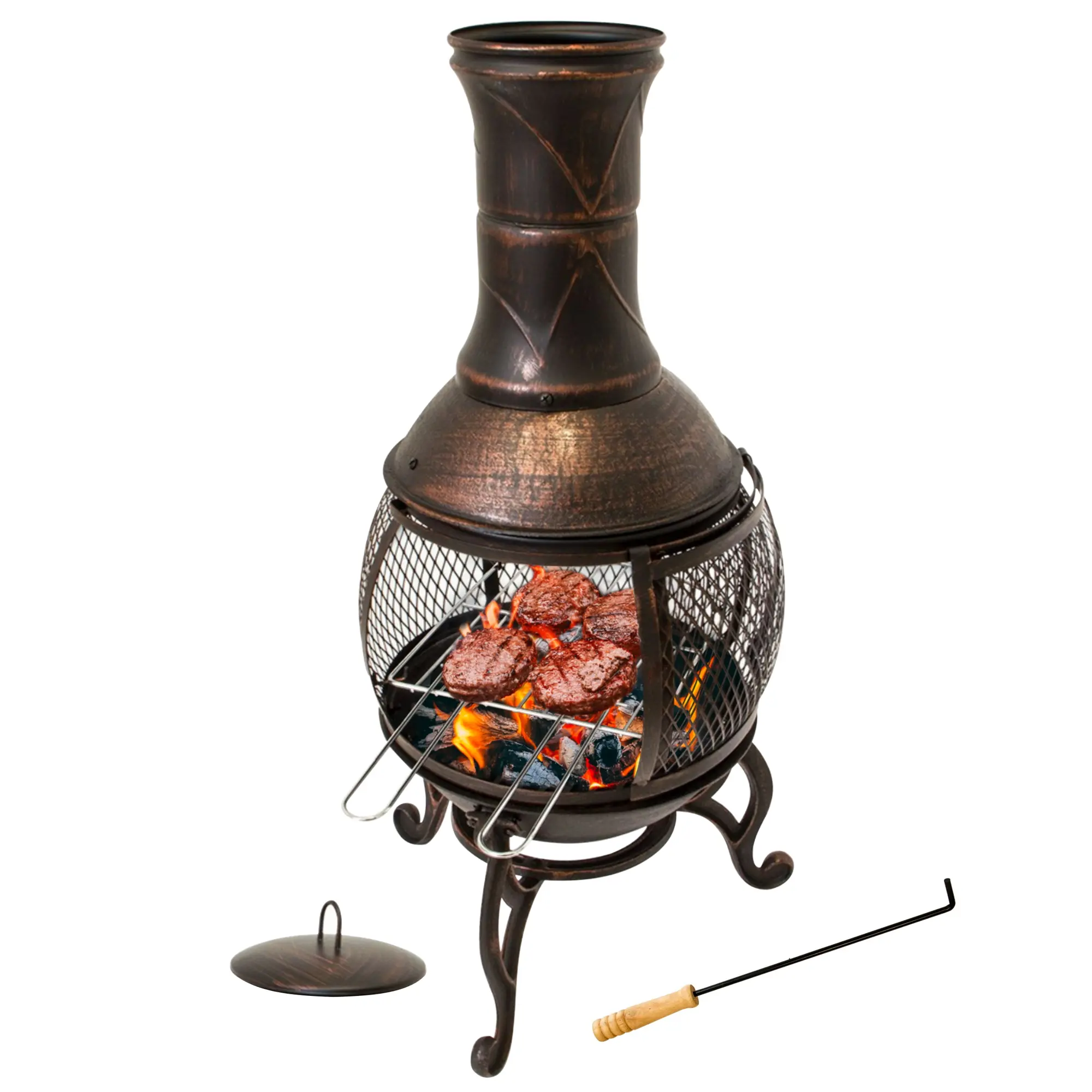 Terrassenofen Gartenkamin mit Grill, Gusseisen, Grillkamin 360° FireView, Funkenschutzgitter NA086 Terrassenofen Gartenkamin mit Grill, Gusseisen, Grillkamin 360° FireView, Funkenschutzgitter NA086