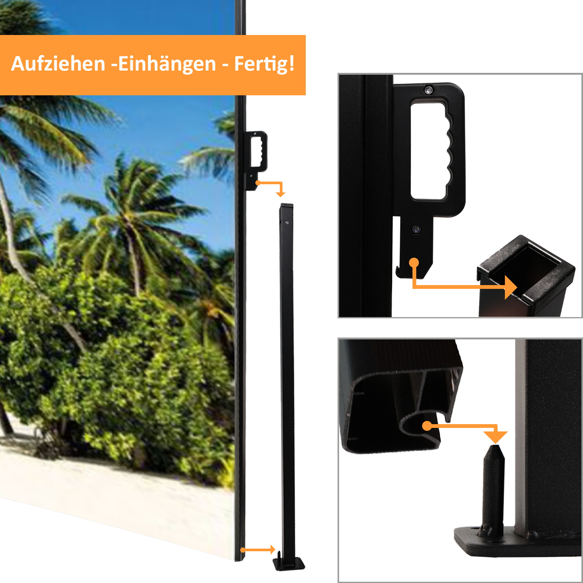 Seitenmarkise ausziehbar links, 180 cm hoch, Seitenrollo mit Fotodruck Südsee NA099-R