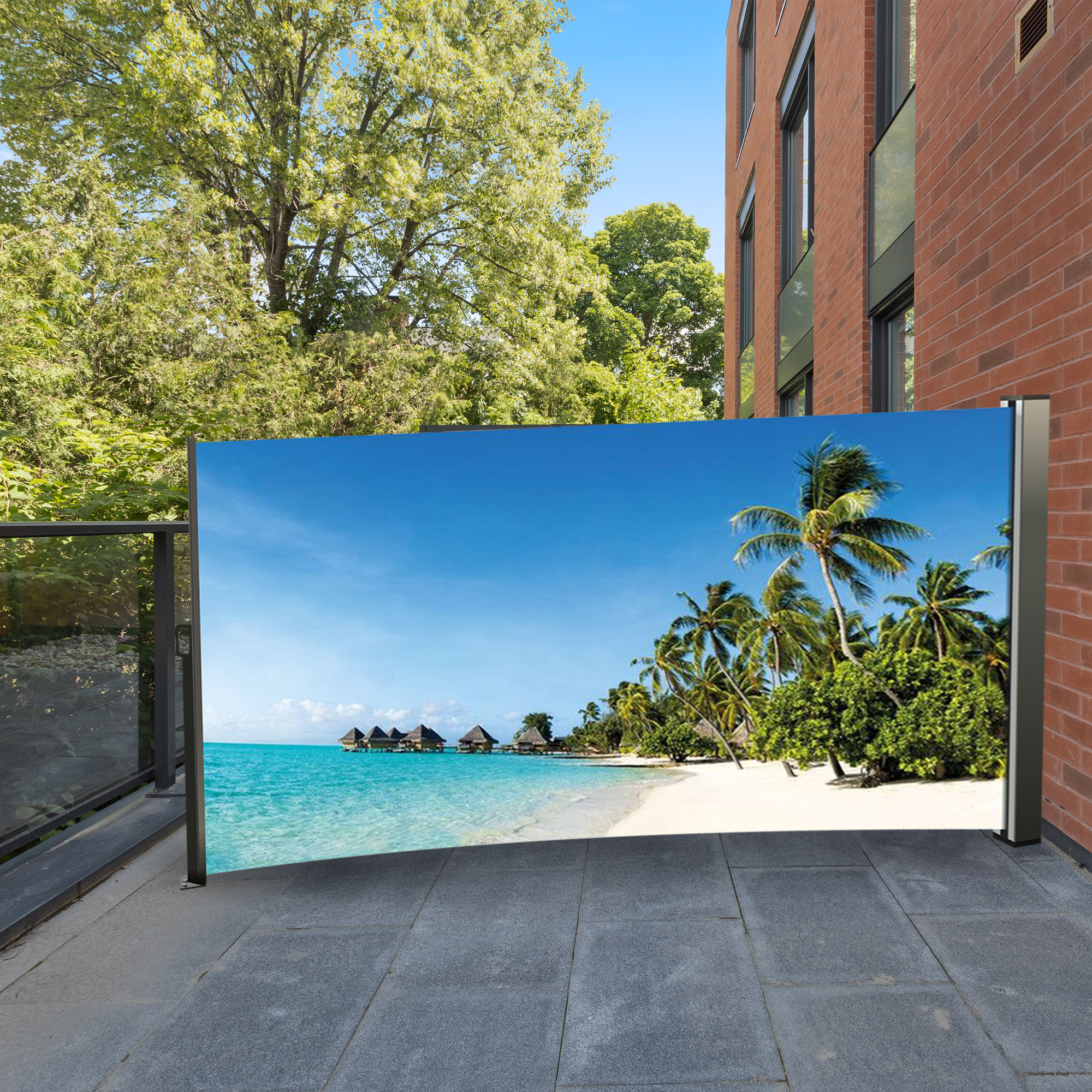 Seitenmarkise ausziehbar links, 180 cm hoch, Seitenrollo mit Fotodruck Südsee NA099-R