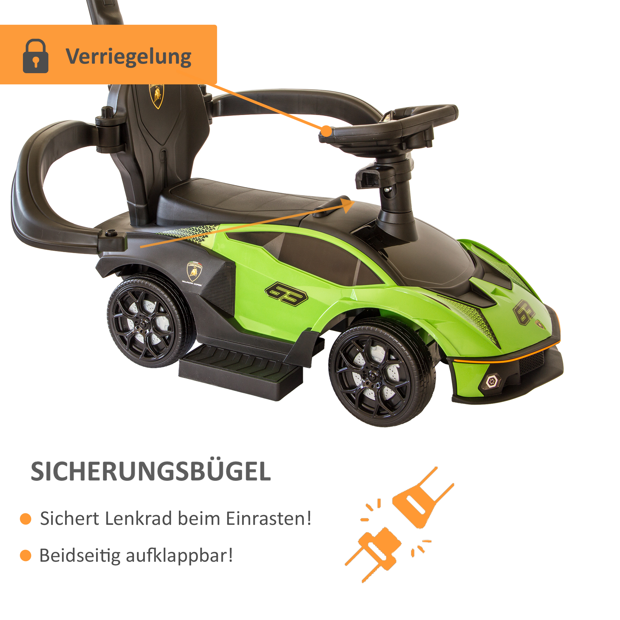 Rutschauto in grün, Kinderfahrzeug mit Sicherheitsbügel, Rutscher Auto mit Schiebestange ab 1 Jahr PT008_G Rutschauto in grün, Kinderfahrzeug mit Sicherheitsbügel, Rutscher Auto mit Schiebestange ab 1 Jahr PT008_G