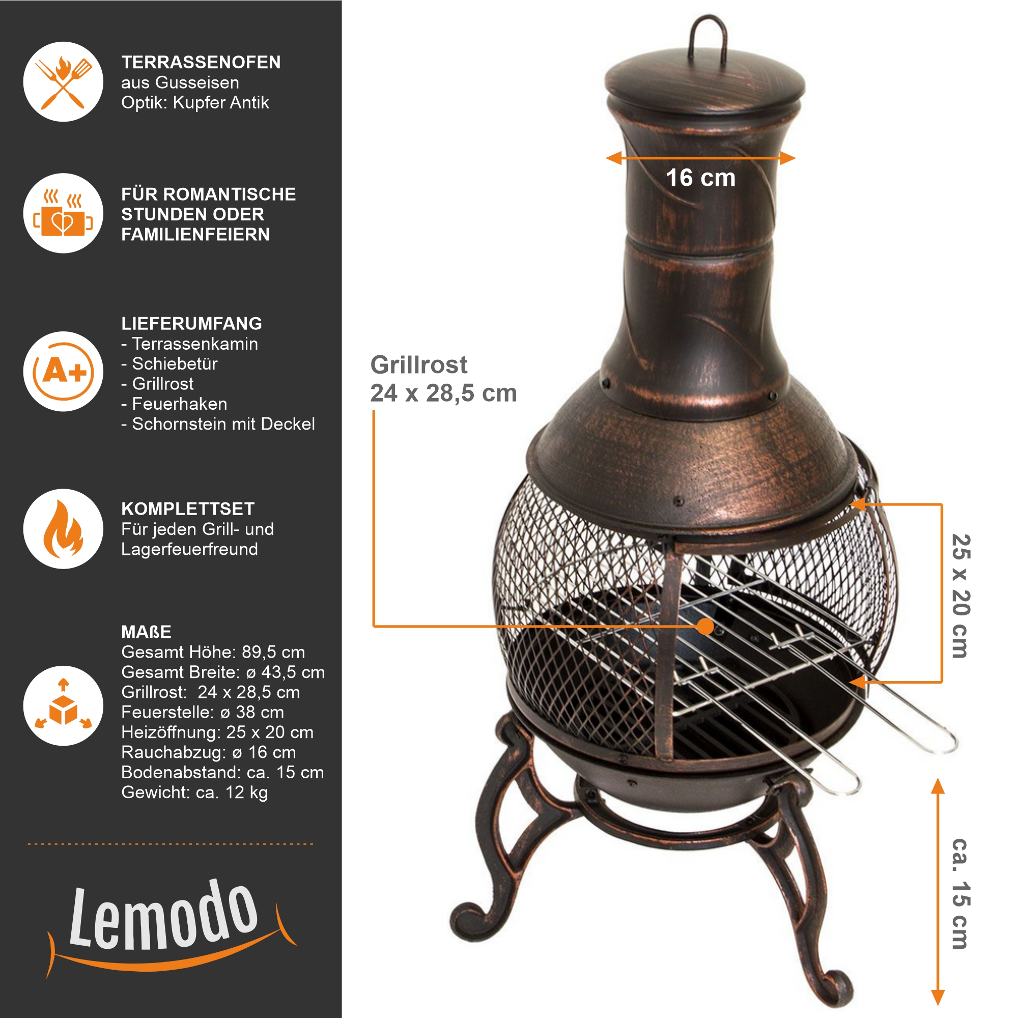 Terrassenofen Gartenkamin mit Grill, Gusseisen, Grillkamin 360° FireView, Funkenschutzgitter NA086 Terrassenofen Gartenkamin mit Grill, Gusseisen, Grillkamin 360° FireView, Funkenschutzgitter NA086