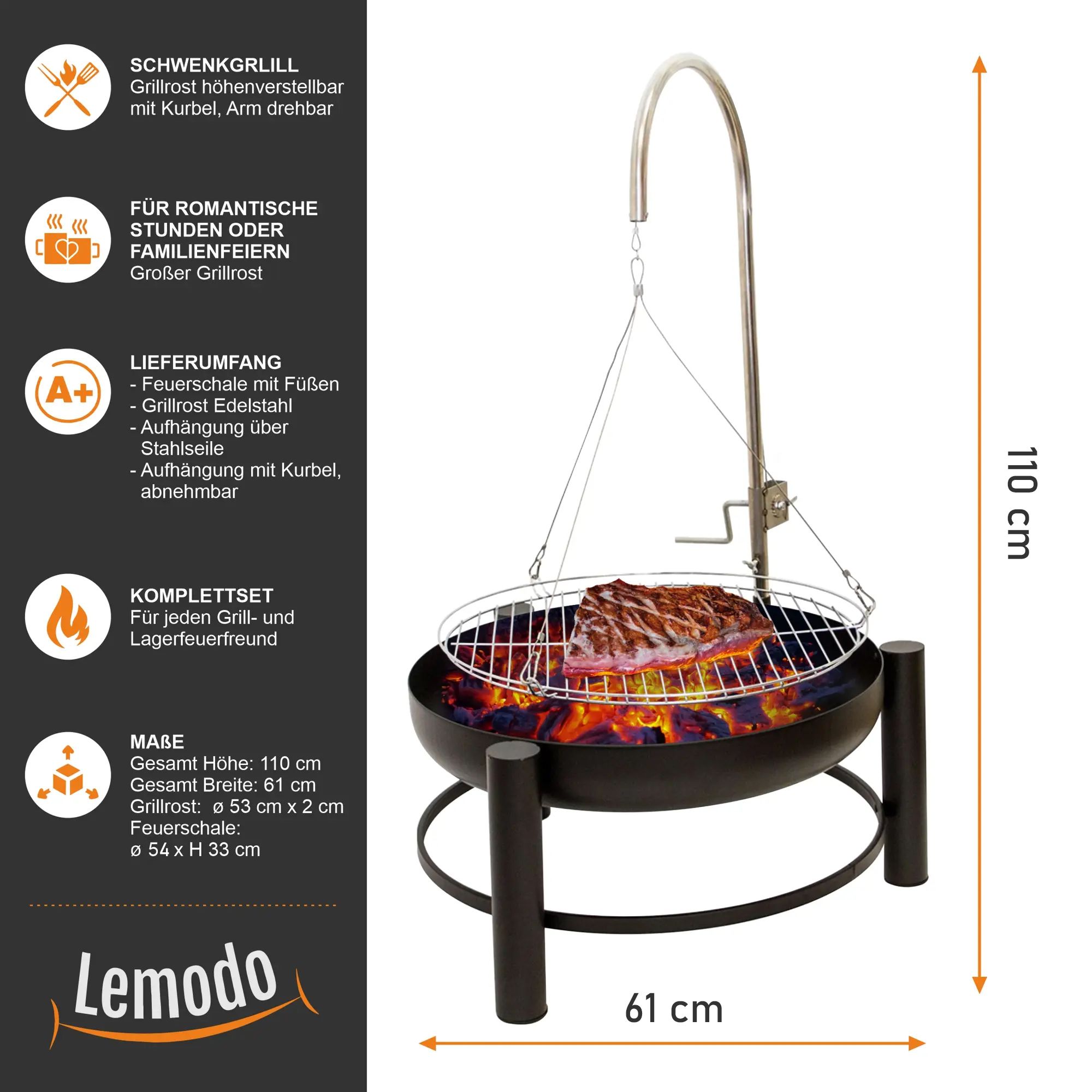 Holzkohlegrill mit stabiler Feuerschale, Schwenkgrill mit höhenverstellbarem Grillrost NA079 Holzkohlegrill mit stabiler Feuerschale, Schwenkgrill mit höhenverstellbarem Grillrost NA079