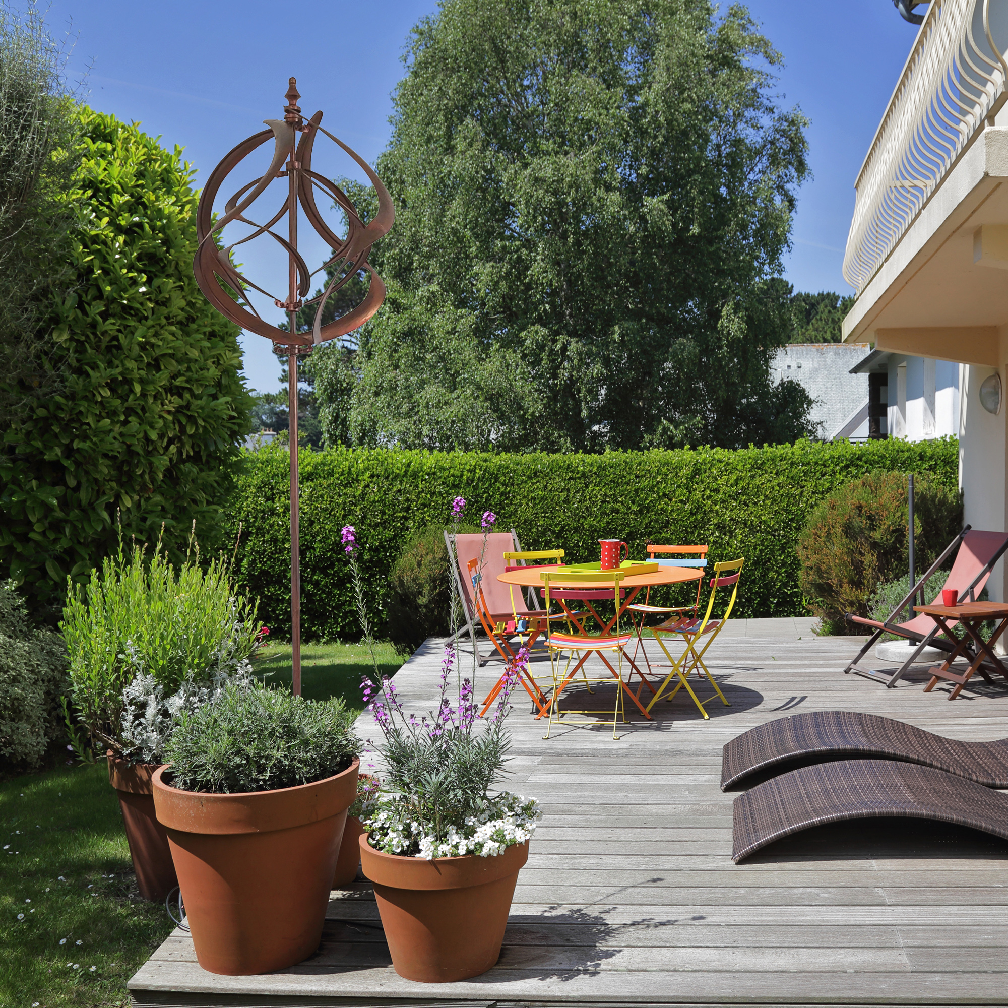 Großes Windspiel aus Metall mit 2 gegenläufigen Rotoren, kupferoptik, Gartendeko, 213 cm hoch NA201 Großes Windspiel aus Metall mit 2 gegenläufigen Rotoren, kupferoptik, Gartendeko, 213 cm hoch NA201