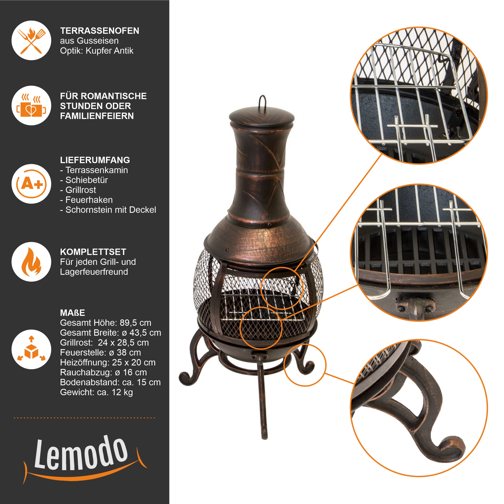 Terrassenofen Gartenkamin mit Grill, Gusseisen, Grillkamin 360° FireView, Funkenschutzgitter NA086 Terrassenofen Gartenkamin mit Grill, Gusseisen, Grillkamin 360° FireView, Funkenschutzgitter NA086