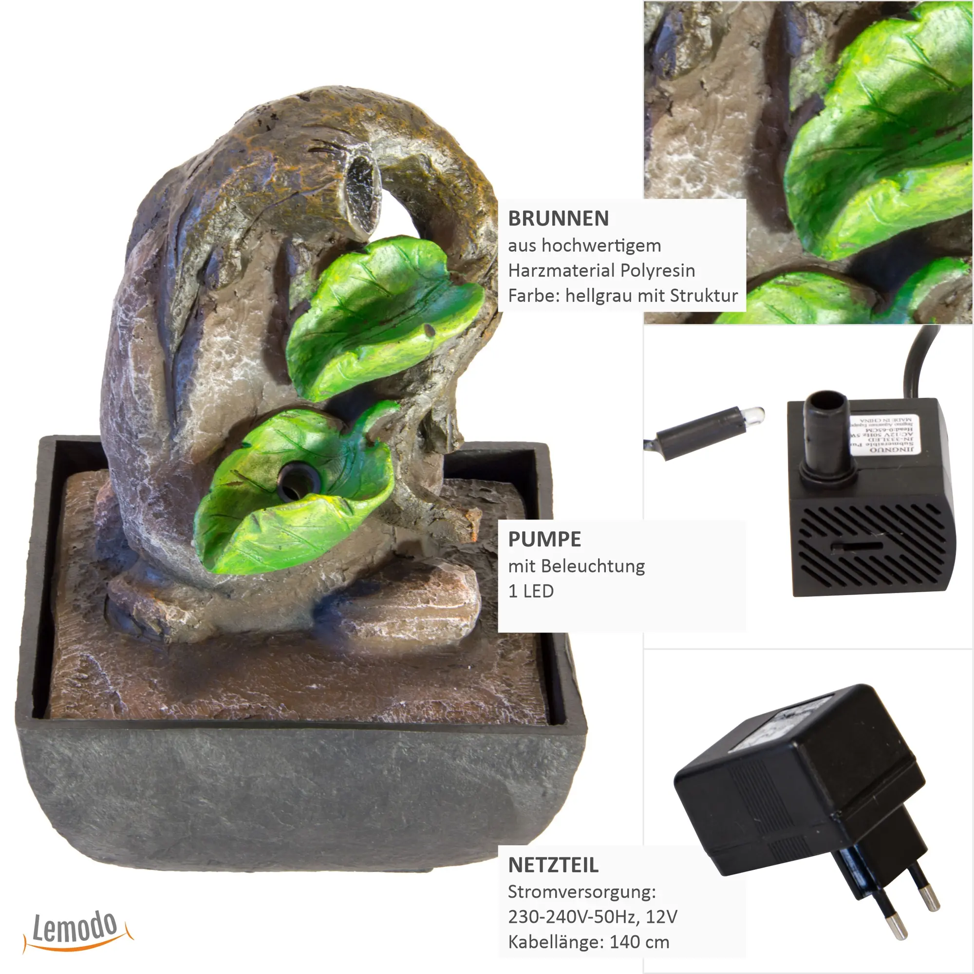 Zimmerbrunnen mit Blattschalen und LED Beleuchtung, Zierbrunnen für die Wohnung NA138 Zimmerbrunnen mit Blattschalen und LED Beleuchtung, Zierbrunnen für die Wohnung NA138