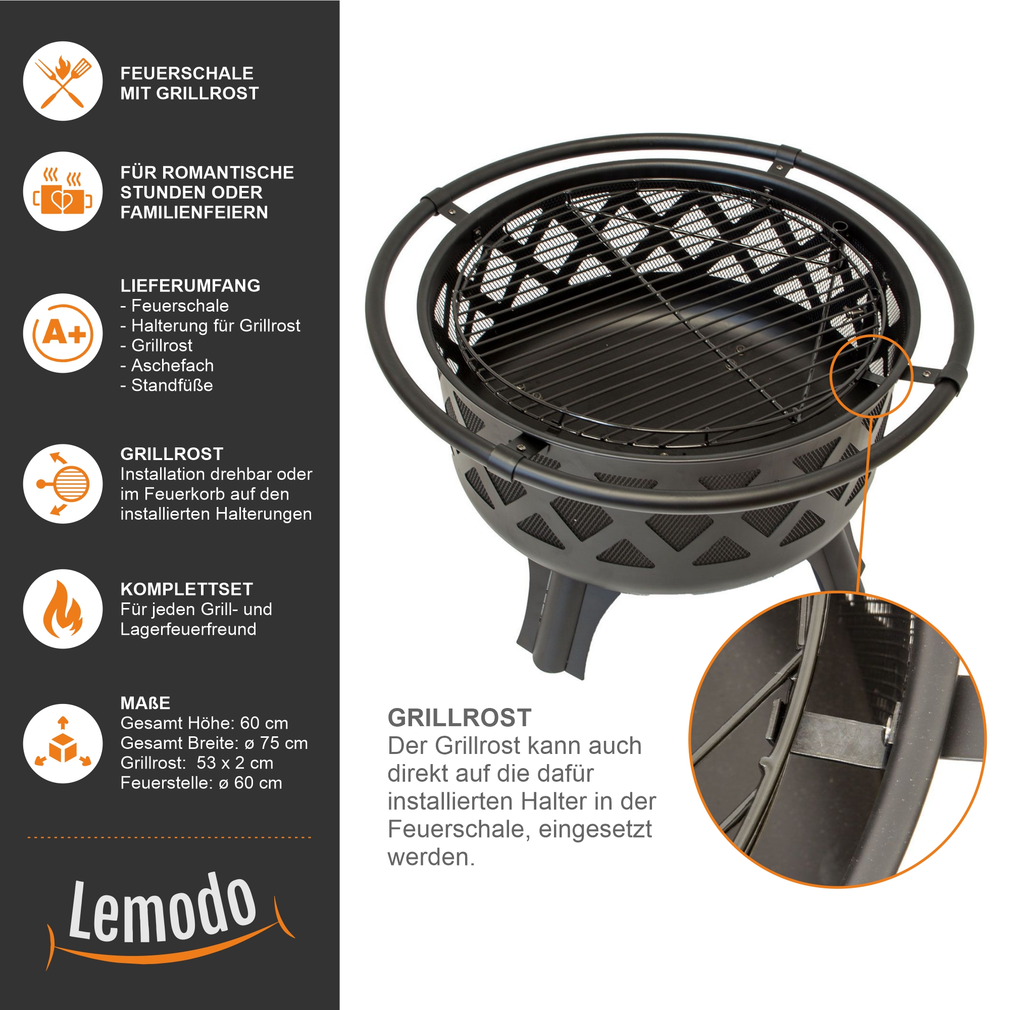 Feuerschale mit Grillrost, Feuerkorb für den Garten, Firebowl Ø 75x60 cm, Fire Pit NA087 Feuerschale mit Grillrost, Feuerkorb für den Garten, Firebowl Ø 75x60 cm, Fire Pit NA087