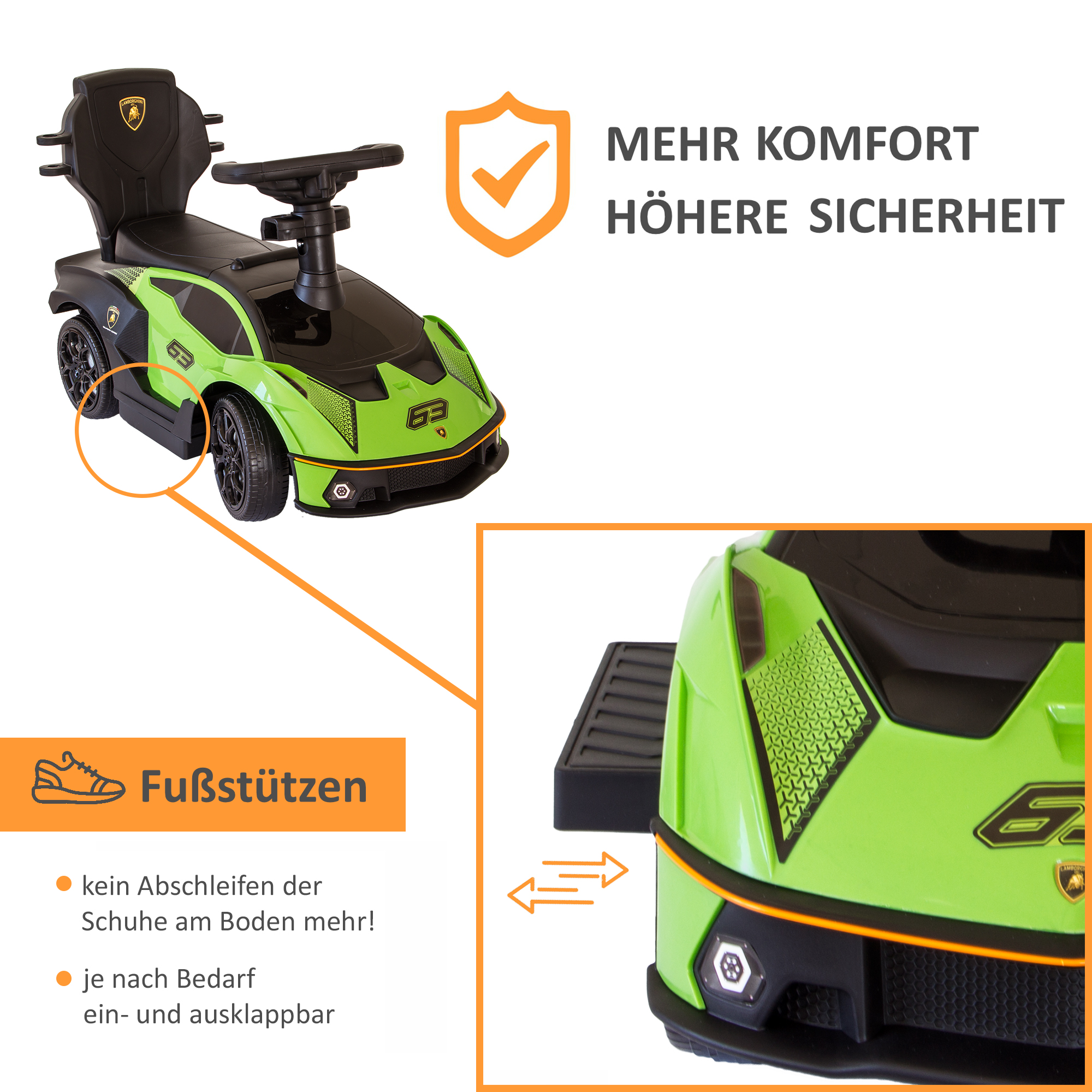 Rutschauto in grün, Kinderfahrzeug mit Sicherheitsbügel, Rutscher Auto mit Schiebestange ab 1 Jahr PT008_G