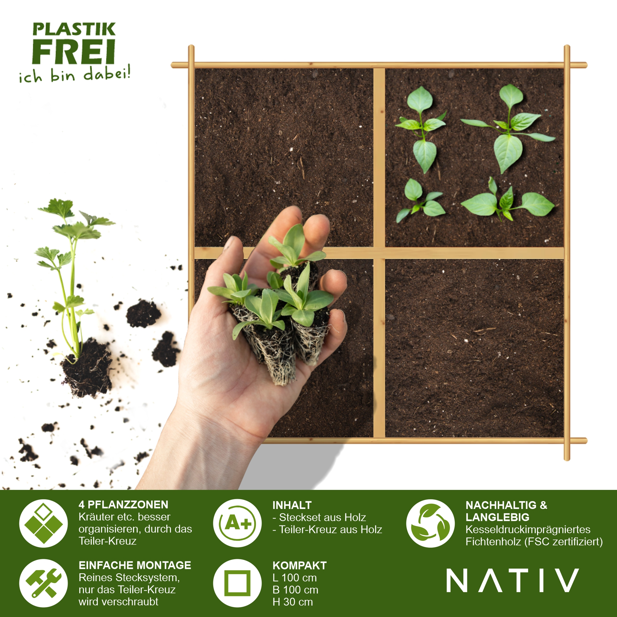 Pflanzkasten aus Holz, Kräuterbeet mit 4 Pflanzzonen, Hochbeet 100 x 100 x 30 cm (L x B x H) NA129_B Pflanzkasten aus Holz, Kräuterbeet mit 4 Pflanzzonen, Hochbeet 100 x 100 x 30 cm (L x B x H) NA129_B