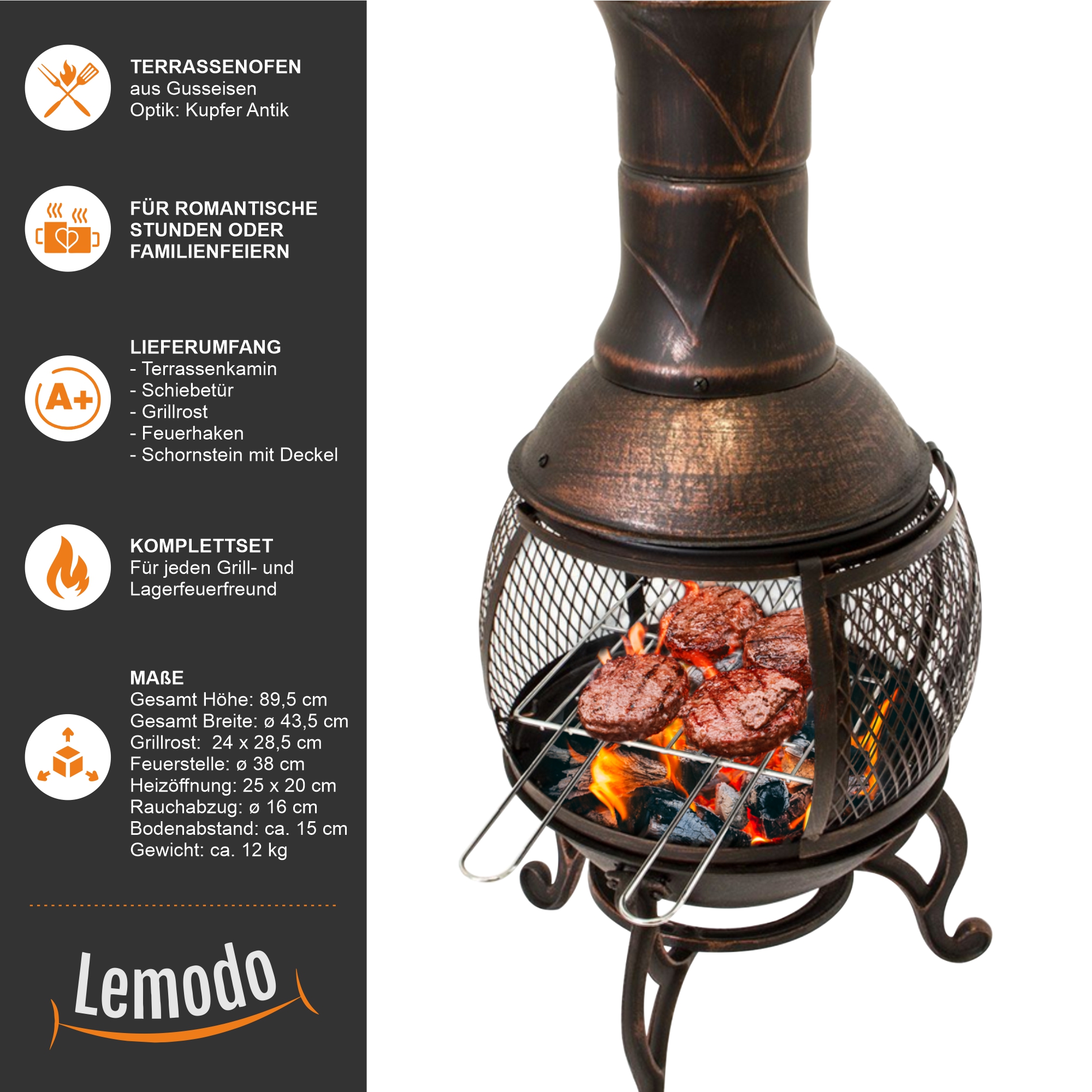 Terrassenofen Gartenkamin mit Grill, Gusseisen, Grillkamin 360° FireView, Funkenschutzgitter NA086 Terrassenofen Gartenkamin mit Grill, Gusseisen, Grillkamin 360° FireView, Funkenschutzgitter NA086